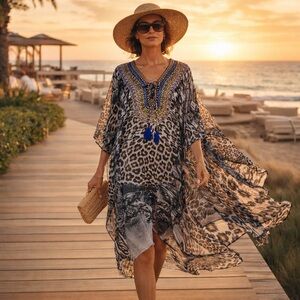 True Colours by La Moda Clothing Embellished Leopard Kaftan Tunic OS Reaort